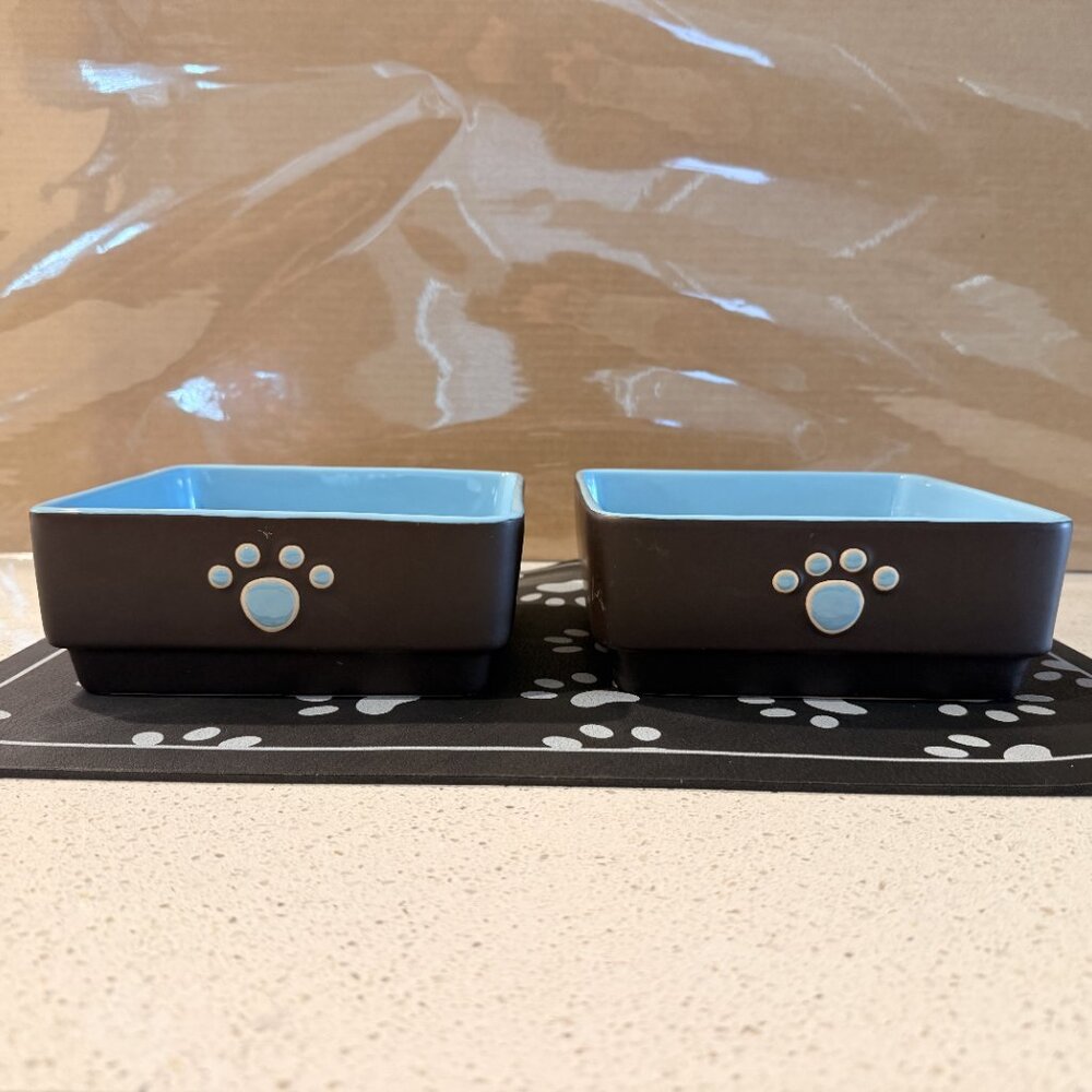 Ethical Products Spot Four Square Dog Dish in blue, paired with a pet food mat.